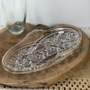 EAPG McKee Glass Pres-Cut Fentec Pickle Relish Dish Spoon Tray Gold Gilt Trim